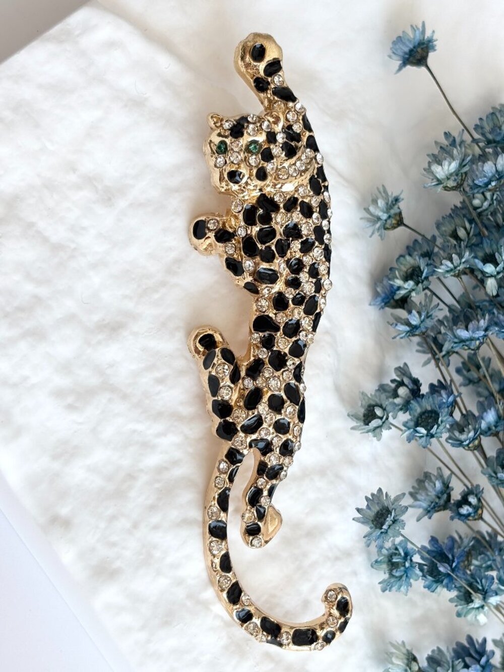 Climbling Leopard Figural Gold Toned Black Rhinestone Vintage Insp Brooch Pin